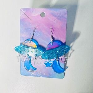 UFO stars and moon blue acrylic stainless steel hooks dangle earrings
